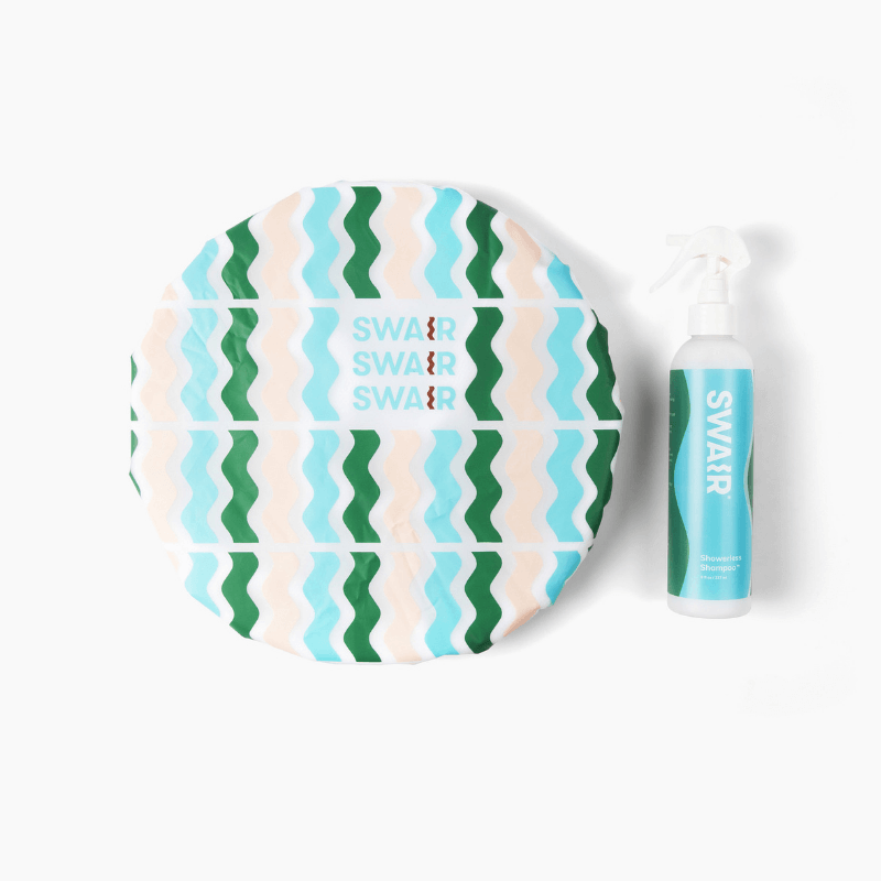 Image of Showerless Shampoo and SWAIR Shower Cap on white background