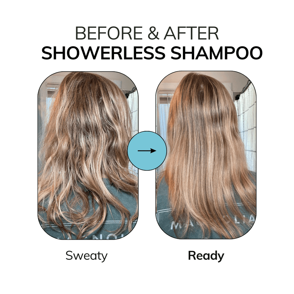 before and after image showing sweaty post-workout hair and then clean hair after using Showerless Shampoo.
